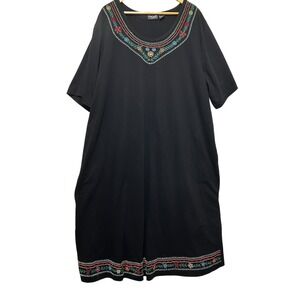 On The Plus Side Black Cotton Embroidered Dress 2X  Resort Cruise Lounge Comfort